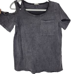 POL Black Mineral Washed Pocket Tee w/ Rip Shoulder Detail Shirt Women S